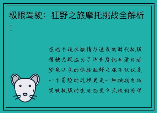 极限驾驶：狂野之旅摩托挑战全解析！